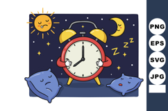 Red alarm clock sleeping surrounded by sun moon stars and pi Product Image 1