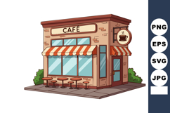 Small brick cafe building with outdoor seating and striped a Product Image 1