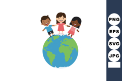 Children holding hands standing on earth globe illustration Product Image 1