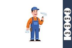 Male painter holding roller and brush in blue uniform and ca Product Image 1
