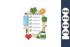 Healthy lifestyle checklist with water bottle, vitamins, veg Product Image 1