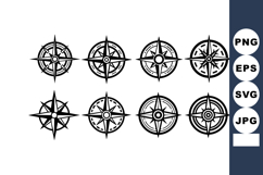 Set of Eight Black Compass Rose Vector Icons Product Image 1
