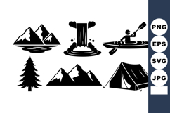 Mountain Waterfall Pine Tree Kayak Tent Camping Icons Set Product Image 1