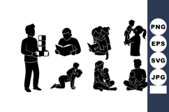 Silhouettes of Children Adults Playing Reading Vector Product Image 1