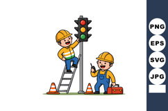 Construction workers repairing traffic light with safety con Product Image 1
