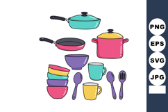 Colorful kitchen cookware set with pans pots bowls spoons an Product Image 1