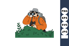 Birdwatcher in orange jacket observing wildlife with binocul Product Image 1