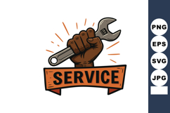 Strong dark-skinned hand holding wrench with service banner Product Image 1