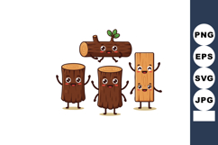 Cute wood logs and plank characters with happy faces and arm Product Image 1