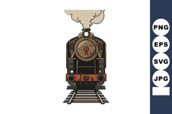 Vintage steam locomotive train front view with smoke and rai Product Image 1