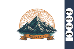 Mountain range with sunburst vintage emblem and banner illus Product Image 1
