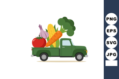 Green pickup truck carrying fresh vegetables including tomat Product Image 1