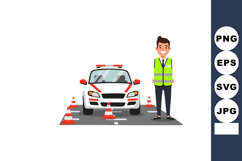 Traffic officer standing beside police car with orange cones Product Image 1