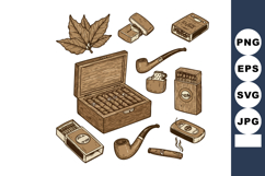Vintage tobacco collection with wooden cigar box pipes and m Product Image 1