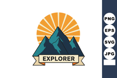 Mountain explorer emblem with sunrise background and banner Product Image 1