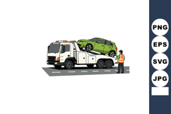 Tow truck loading green car with worker directing in safety Product Image 1