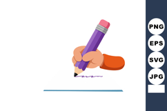 Hand holding purple pencil writing on paper with orange slee Product Image 1