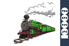 Vintage green steam locomotive train with smoke and passenge Product Image 1