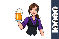 Woman holding glass of beer in purple shirt and black vest v Product Image 1