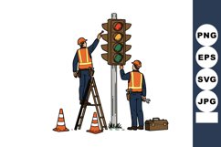 Traffic light maintenance workers repairing signal with safe Product Image 1