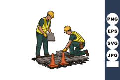 Construction workers laying pavement tiles with safety cones Product Image 1