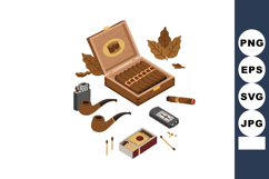 Cigar box with tobacco pipes lighter matches and autumn leav Product Image 1
