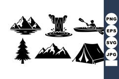 Mountain Waterfall Kayak Pine Tree Camping Tent Vector Illus Product Image 1