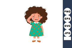 Crying girl with curly hair in green dress and orange polka Product Image 1