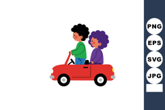 Children riding red toy car with green and purple clothes ve Product Image 1