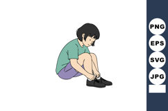 Child tying shoelaces sitting on floor with green shirt and Product Image 1