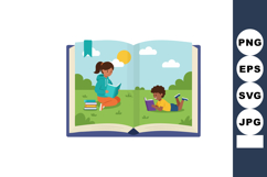 Children Reading Books Outdoors in Open Book Illustration wi Product Image 1