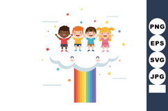 Diverse children sitting on cloud with rainbow and stars joy Product Image 1
