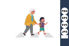 Elderly woman holding hand of young girl walking on pedestri Product Image 1