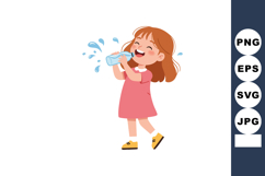 Little girl drinking water happily in pink dress yellow shoe Product Image 1
