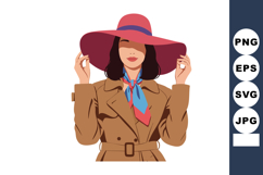 Woman wearing large red hat and brown trench coat holding ha Product Image 1