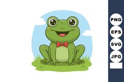 Cute green frog cartoon character with big eyes and red bow Product Image 1