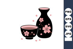 Japanese sake set with black and pink cherry blossom decorat Product Image 1