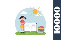 Girl reading book under sun with stack of books on grass in Product Image 1