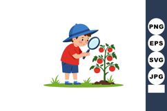 Child examining tomato plant with magnifying glass in garden Product Image 1