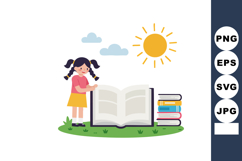 Little girl reading big book outdoors with sunny sky and sta Product Image 1