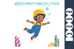 Boy wearing yellow helmet and red shoes diving underwater wi Product Image 1