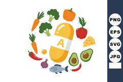 Vitamin A capsule surrounded by healthy foods including vege Product Image 1