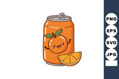 Orange soda can with happy cartoon fruit character and fresh Product Image 1