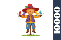 Scarecrow with colorful birds perched on arms vector illustr Product Image 1
