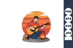 Young man playing acoustic guitar by campfire at sunset vect Product Image 1