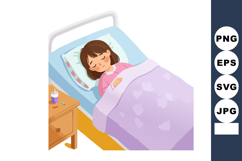 Girl Sleeping Comfortably in Bed with Purple Blanket and Pin Product Image 1