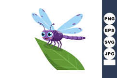Purple dragonfly with big eyes sitting on green leaf vector Product Image 1