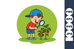 Curious boy examining tomato plants with magnifying glass in Product Image 1