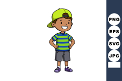 Boy in green cap and striped t-shirt smiling standing with h Product Image 1