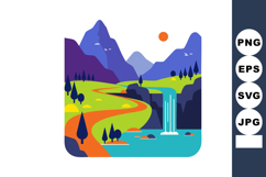 Mountain landscape with waterfall river and winding path in Product Image 1